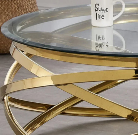 --Stainless steel frame living room side table golden glass top round coffee table modern sets clear fashion indoor