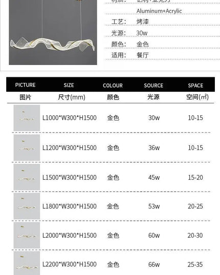Modern Wave LED Pendant Lights for Living Restaurant Room Food Tables Bar Golden Chandelier Home Decor Hanging Light Fixture