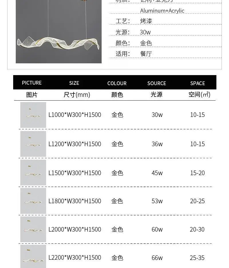 Modern Wave LED Pendant Lights for Living Restaurant Room Food Tables Bar Golden Chandelier Home Decor Hanging Light Fixture