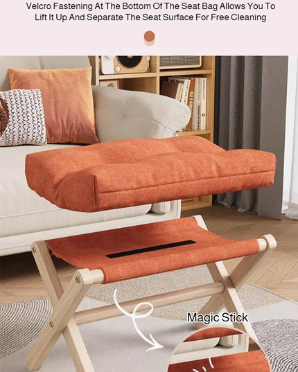 Solid Wood Shoe Changing Stool Footstool Sofa Rest Footstool, Folding Low Stool for The Entryway, Cotton-filled Cushion Stool