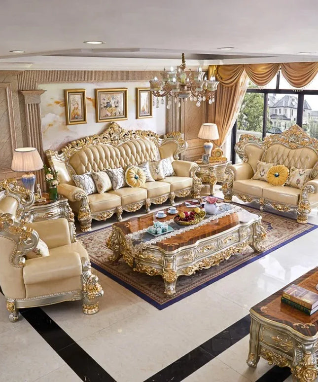 European Royal Luxury Villa Living Room Sofa Set Large Sized Solid Wood Carving with Noble Gold Finish for Hotels