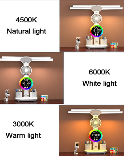 Rechargeable Table Lamp for Study, Desk Lamp Reading Light Led Table Light with Fan, Led Clock Dispaly Reading Lamp