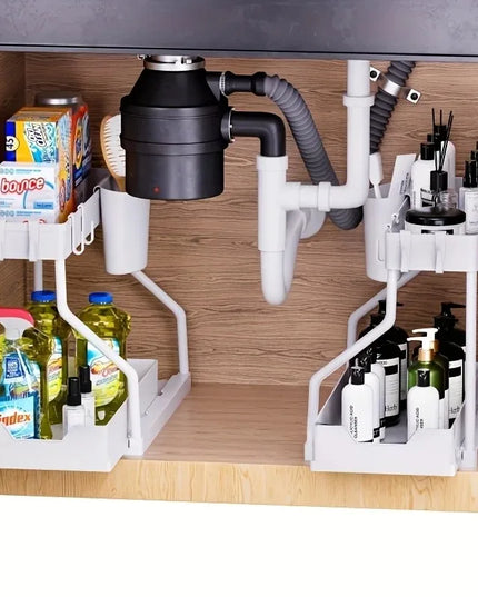 Under Sink Organizer Space Saving 2 Tier Pull Out Storage Box Durable Large Capacity Kitchen Bathroom Essential Drawer Organizer