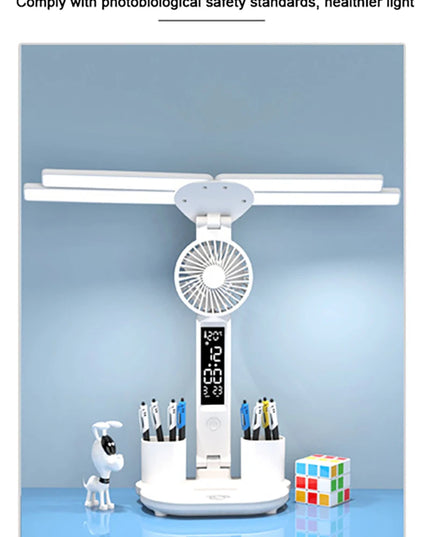 Rechargeable Table Lamp for Study, Desk Lamp Reading Light Led Table Light with Fan, Led Clock Dispaly Reading Lamp