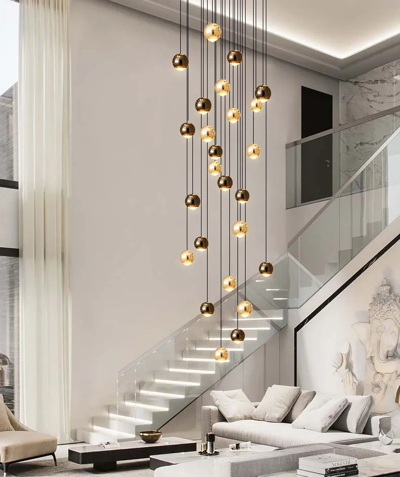Modern LED Crystal Chandelier Art Decor Ball Long Hanging Lamps for Staircase Minimalist Round Gold Creative Lighting Fixtures