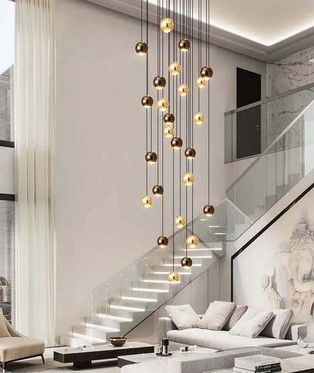 Modern LED Crystal Chandelier Art Decor Ball Long Hanging Lamps for Staircase Minimalist Round Gold Creative Lighting Fixtures