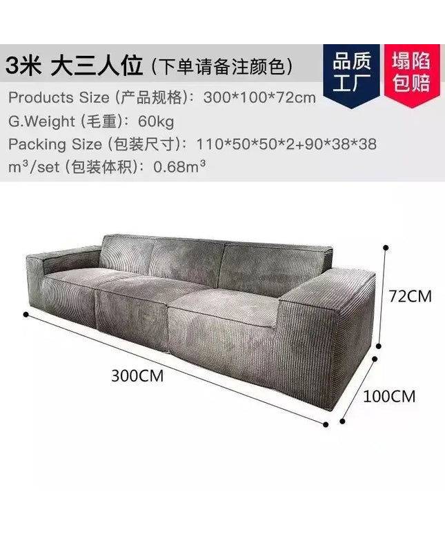 Compressed fabric sofa corduroy small unit straight row full sponge sofa without skeleton tofu block sofa