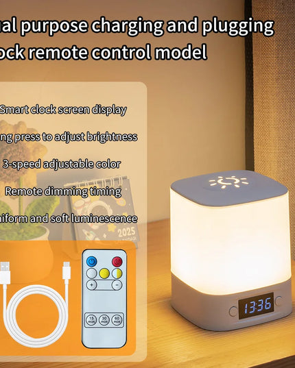 LED Night Lamp Rechargeable Table Lamp Clock Display Soft Sleeping Lamp Touch Switch Bedside Lamp for Bedroom Decor