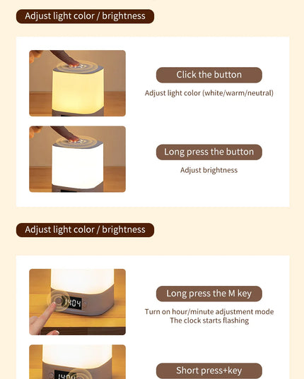 LED Night Lamp Rechargeable Table Lamp Clock Display Soft Sleeping Lamp Touch Switch Bedside Lamp for Bedroom Decor