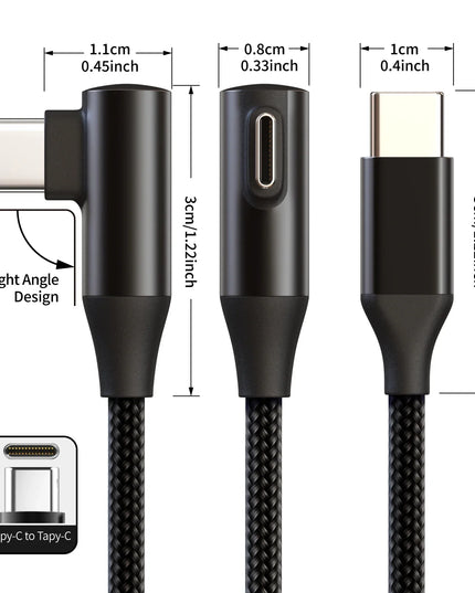 USB-C to Type-C 60W 3A Fast Charging Cable, 90° Angled Design, Nylon Braided. For Type-C phones/tablets/headphones. 25cm/50cm/1m