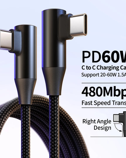 USB-C to Type-C 60W 3A Fast Charging Cable, 90° Angled Design, Nylon Braided. For Type-C phones/tablets/headphones. 25cm/50cm/1m