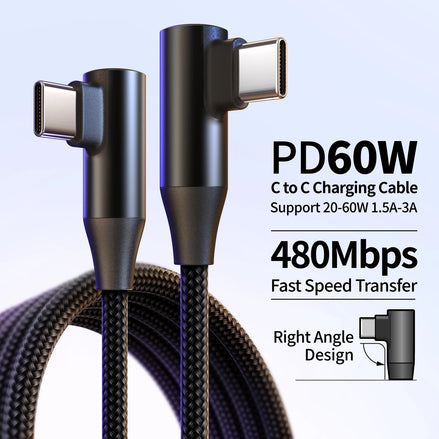 USB-C to Type-C 60W 3A Fast Charging Cable, 90° Angled Design, Nylon Braided. For Type-C phones/tablets/headphones. 25cm/50cm/1m