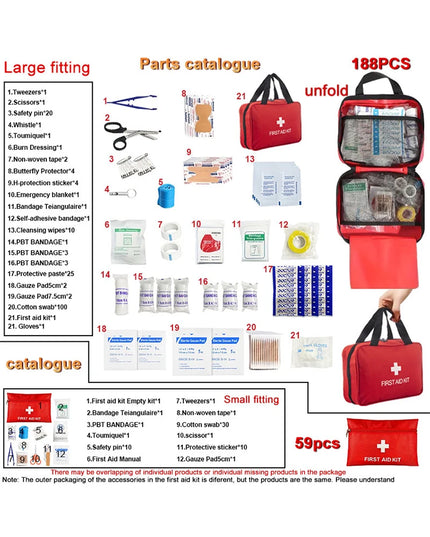 First Aid Kit - 188 pcs - for car, home, travel, camping, office or sport, fully stocked with emergency and survival essentials