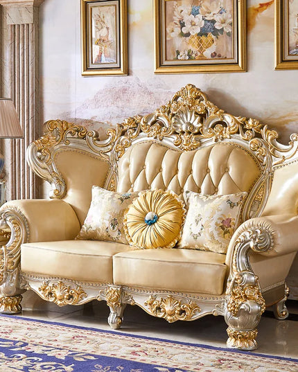 European Royal Luxury Villa Living Room Sofa Set Large Sized Solid Wood Carving with Noble Gold Finish for Hotels