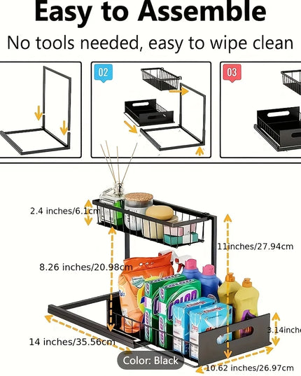 Under Sink Kitchen Storage Rack Set - Sliding Metal Drawer Organizer for Bathroom, Pantry, and Cabinets  Essential for Home Use