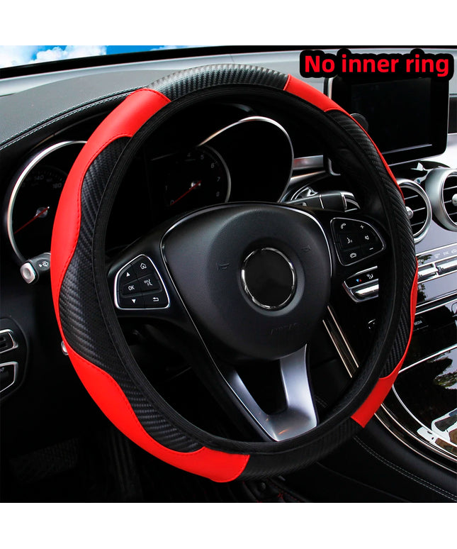 PU Carbon Fiber Leather Car Steering Wheel Cover without Inner Ring Suitable for 14.5-15 Inches of Automotive Supplies