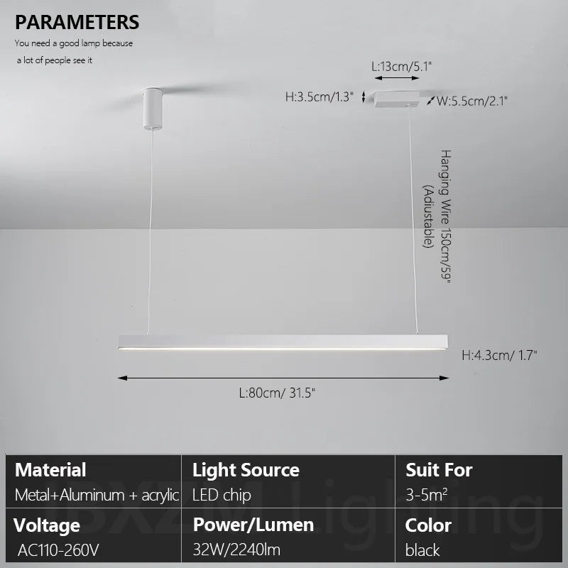 Modern LED linear chandelier for dining room office white bar pendant lights kitchen island lighting black minimalist lamp