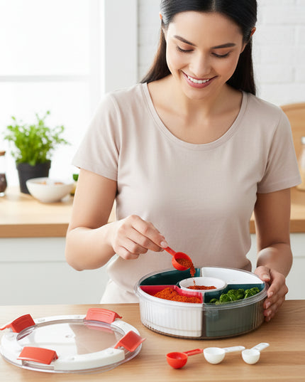 Plastic 5 Compartment Spice Storage Box With Spoons