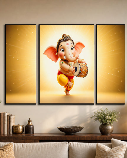 Ganesha 3 Panel Mdf Wall Frame Home Decor Religious Art 16.5x12in (1 Pc)