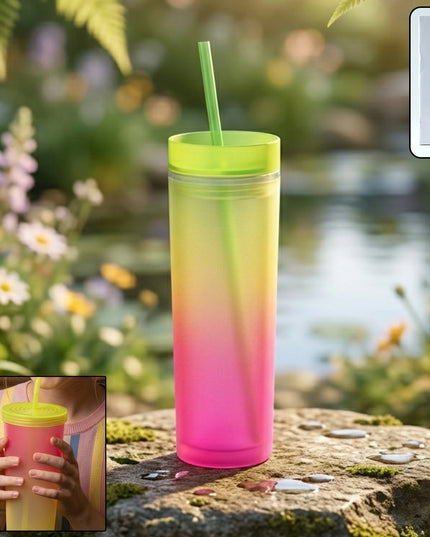 Gradient Plastic Drinking Tumbler Cup With Lid And Straw 400 Ml Approx