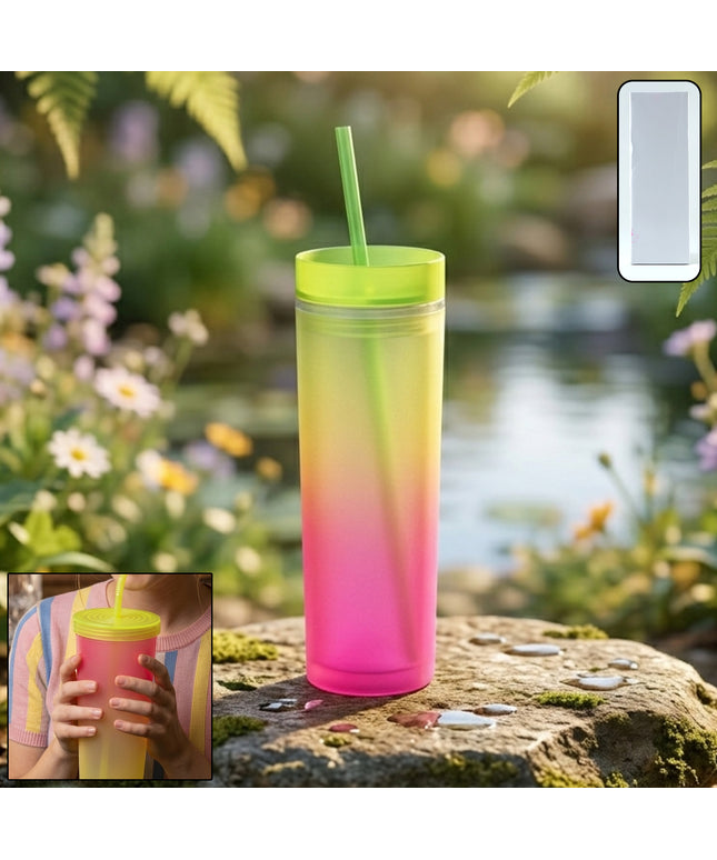 Gradient Plastic Drinking Tumbler Cup With Lid And Straw 400 Ml Approx