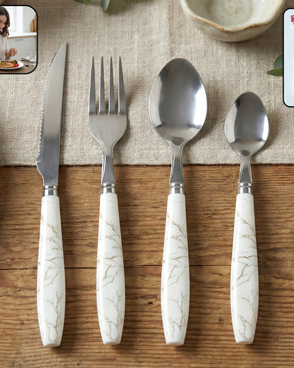 Stainless Steel Cutlery Set With Marble Design Handle (4 Pc  Set)
