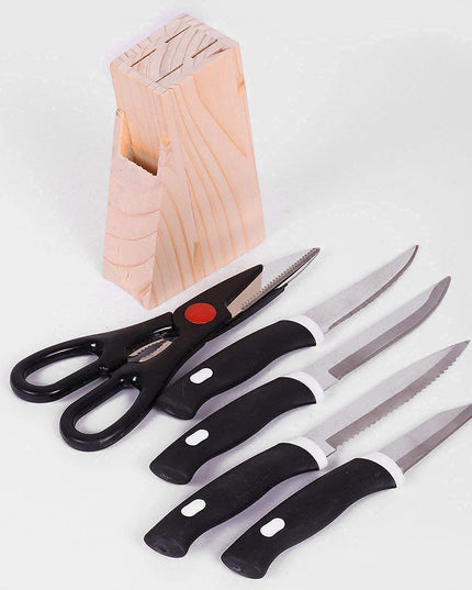 Kitchen Knife Set With Wooden Block And Scissors (5 Pcs Black)