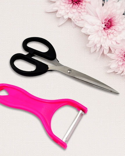 Stainless Steel Kitchen Scissors  Multipurpose Peeler (2 Pc Set  Mix Design Scissor  Peeler)