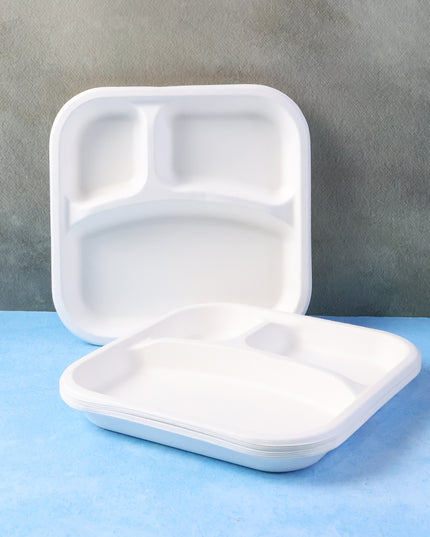 Compostable Bagasse 3-compartment Square Meal Plate