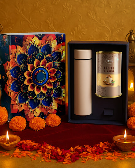 Effete Coffee Almonds Gift Hamper Golden With Bottle (2 Pc Set)
