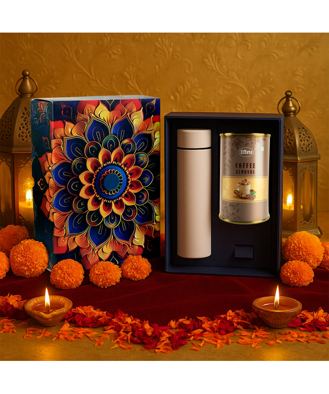 Effete Coffee Almonds Gift Hamper Golden With Bottle (2 Pc Set)