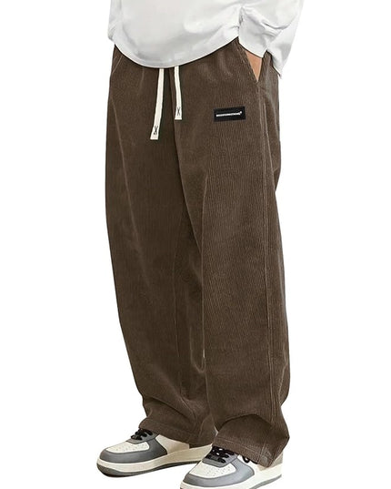 Mens Corduroy Casual Pants Fashion Loose Fit Wide Leg Pants Straight Sweatpants Elastic Waist Drawstring