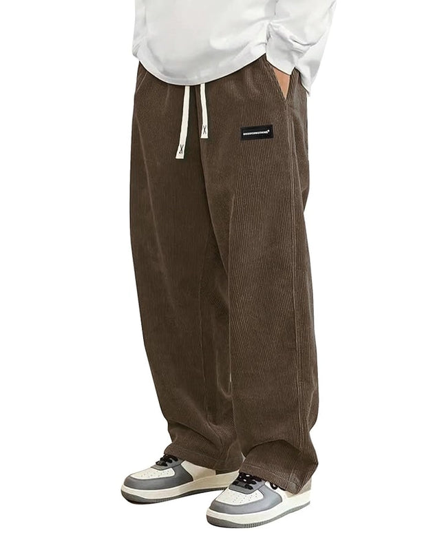 Mens Corduroy Casual Pants Fashion Loose Fit Wide Leg Pants Straight Sweatpants Elastic Waist Drawstring