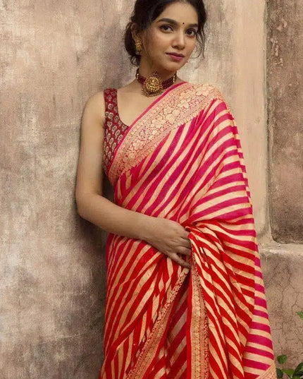 Jacquard Striped Saree for Women (Red, 6.3 m)