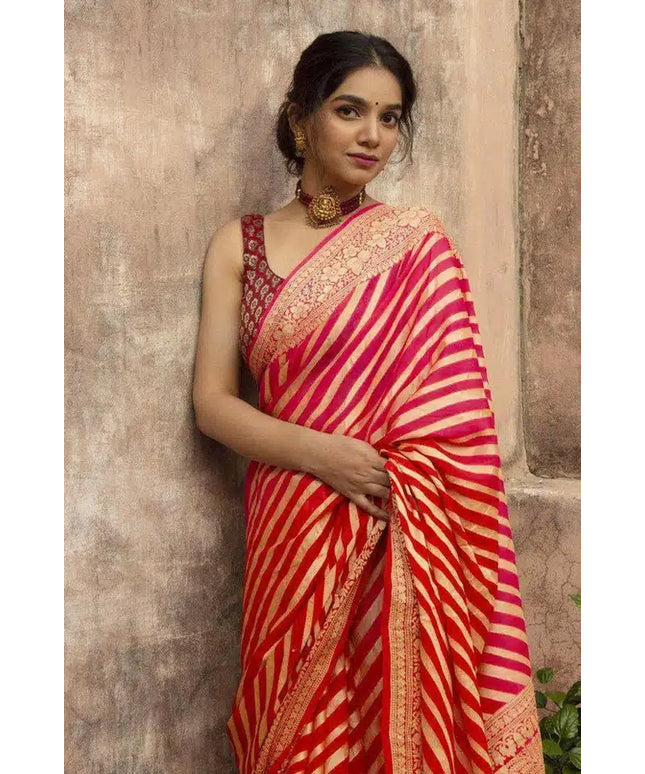 Jacquard Striped Saree for Women (Red, 6.3 m)