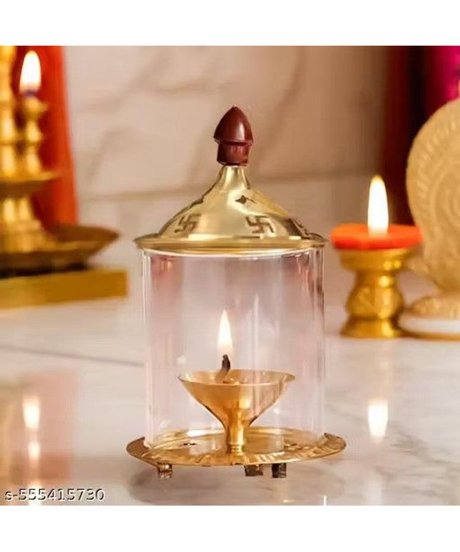 Brass and Glass Akhand Deep Diya with Cover for Puja | Deepam Jyot Diya Oil Lamp