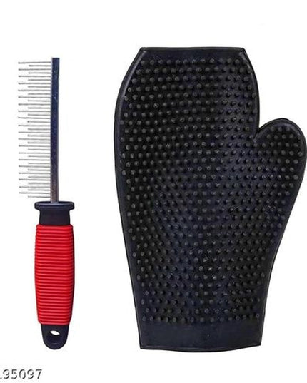 Stainless Steel Comb with Grooming Gloves for Pet (Multicolor, Set of 2)