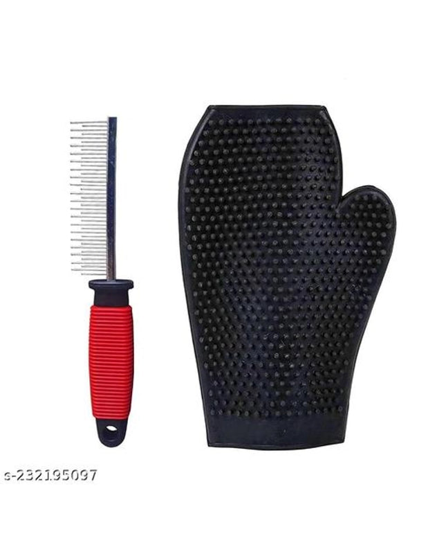 Stainless Steel Comb with Grooming Gloves for Pet (Multicolor, Set of 2)