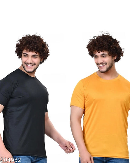 Round Neck Solid T-Shirt for Men (Black & Yellow, S) (Pack of 2)
