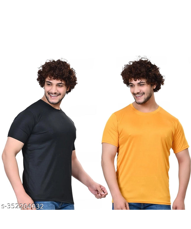 Round Neck Solid T-Shirt for Men (Black & Yellow, S) (Pack of 2)