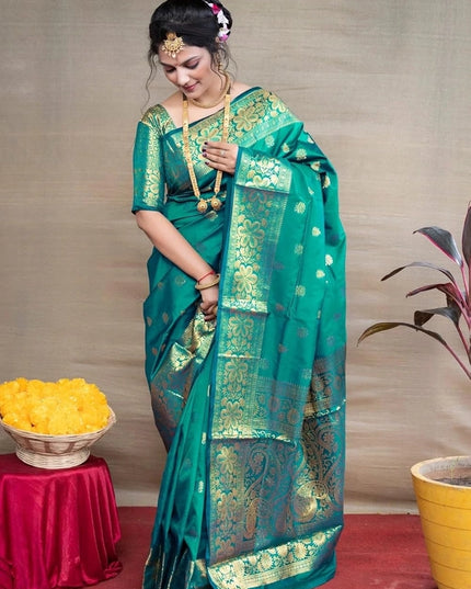 Banarasi Silk Woven Design Saree for Women (Teal, 6.3 m)