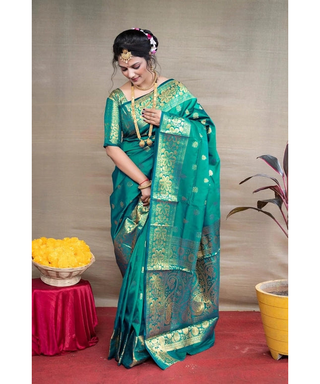 Banarasi Silk Woven Design Saree for Women (Teal, 6.3 m)