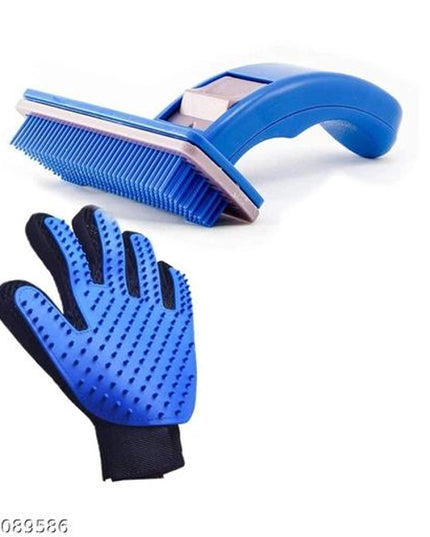 ABS Plastic Slicker Brush with Cleaning Gloves for Pet (Multicolor, Set of 2)
