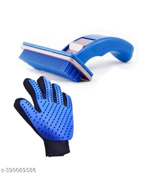 ABS Plastic Slicker Brush with Cleaning Gloves for Pet (Multicolor, Set of 2)