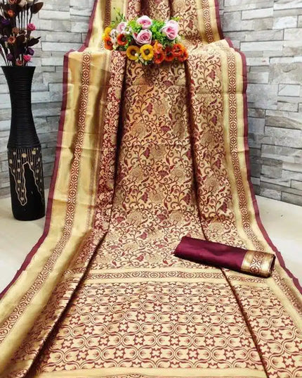 Jacquard Saree With Blouse For Women (Golden& Dark Red, 6.3M)