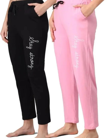 Cotton Blend Straight Fit Trouser for Women (Black & Pink, M) (Pack of 2)