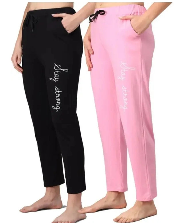 Cotton Blend Straight Fit Trouser for Women (Black & Pink, M) (Pack of 2)