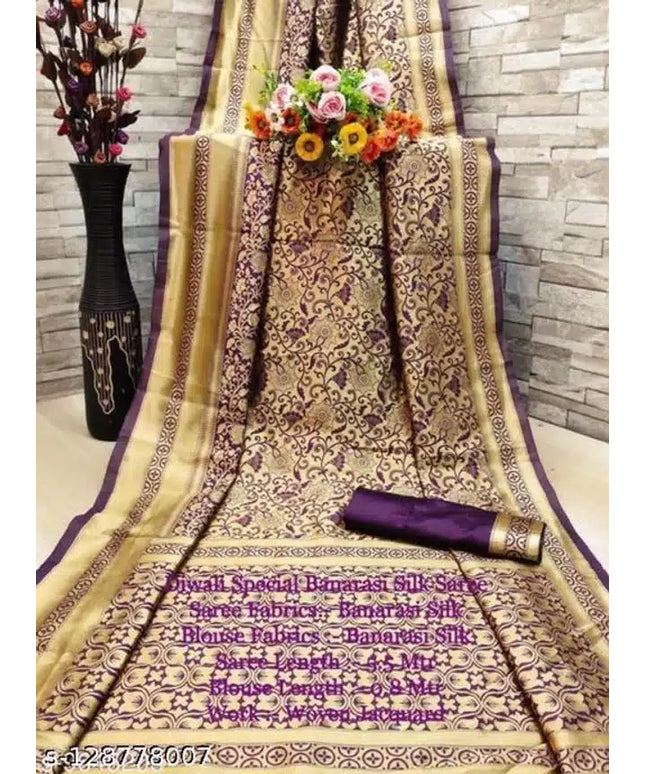 Jacquard Saree With Blouse For Women (Golden& Dark Red, 6.3M)