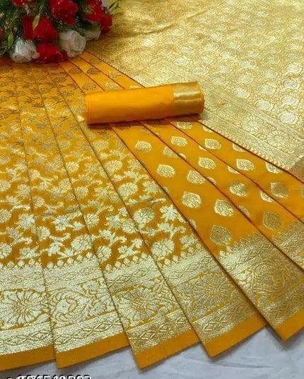 Banarasi Silk Saree With Blouse For Women (Yellow, 6.3M)
