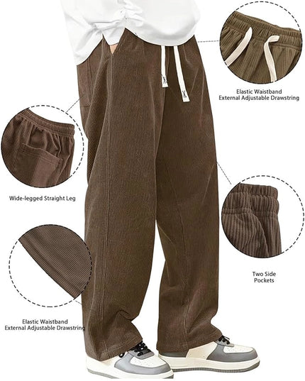 Mens Corduroy Casual Pants Fashion Loose Fit Wide Leg Pants Straight Sweatpants Elastic Waist Drawstring